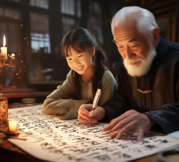 书法传承，孙女共赏，时光中的文化之美,孙女与爷爷共赏墨香，练书法传承文化之美—插bb动态图记录温馨时光,书法,书法艺术,第1张